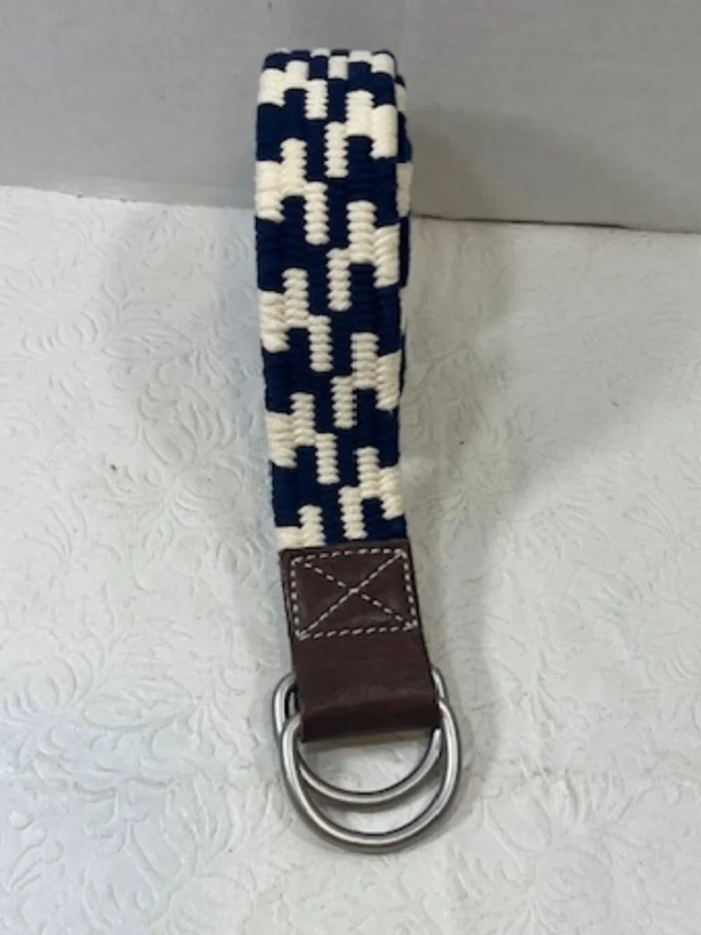 J.Crew Navy Blue & White Woven Cotton Belt Leather Trim Double D-Ring Buckle S-M